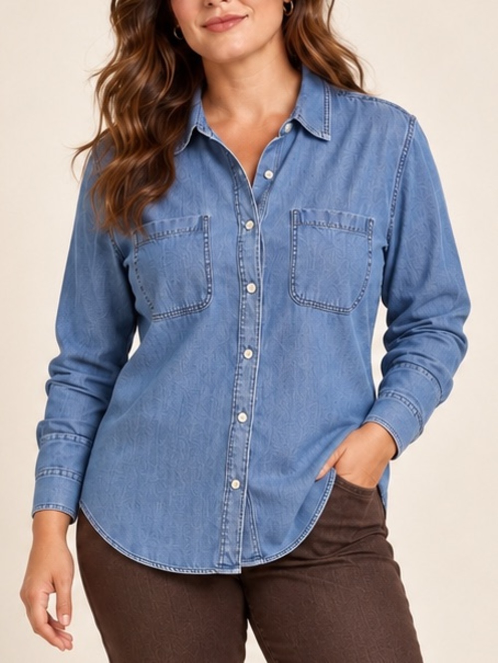 St. John’s Bay 1X Blue Chambray Button Front Shirt 100% Cotton Coastal Americana